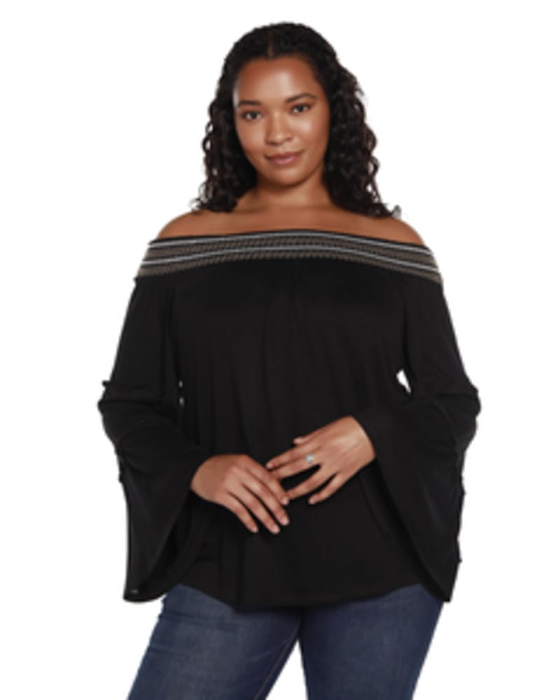 Front of a model wearing a size 1X Felicity Off The Shoulder Top in BLACK COMBO by Belldini Black Label. | dia_product_style_image_id:246106